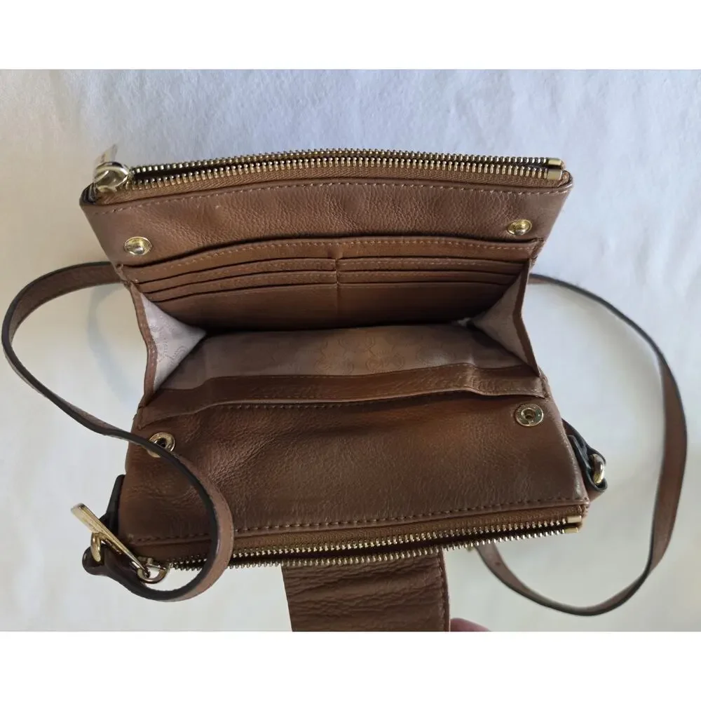Michael Kors Fulton Double Zip Crossbody Bag Cognac Brown Pebbled Leather MK